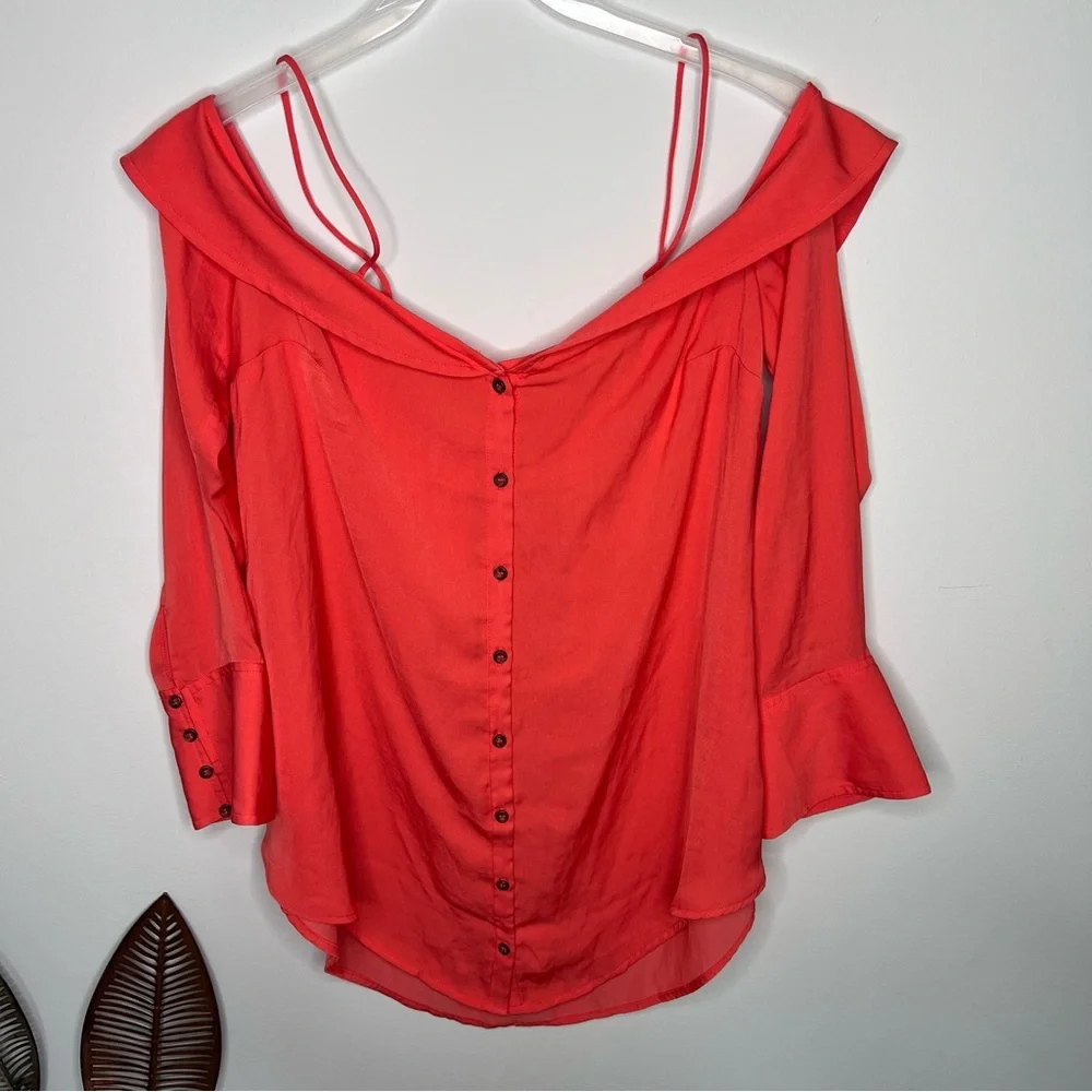 FREE PEOPLE Womens Coral Off Shoulder‎ Bell Sleeve Casual Top H13